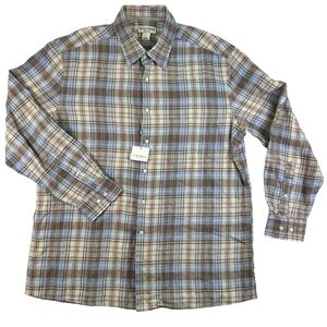 W.H. Belk Shirt Mens XL Brown Blue Plaid Button Down 100% Linen Long Sleeve